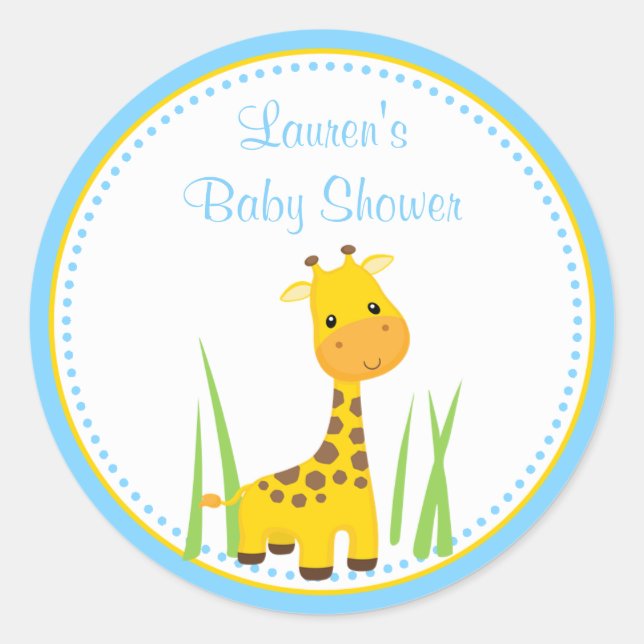 Bleu Baby shower Giraffe Favoriser étiquette Stick (Devant)