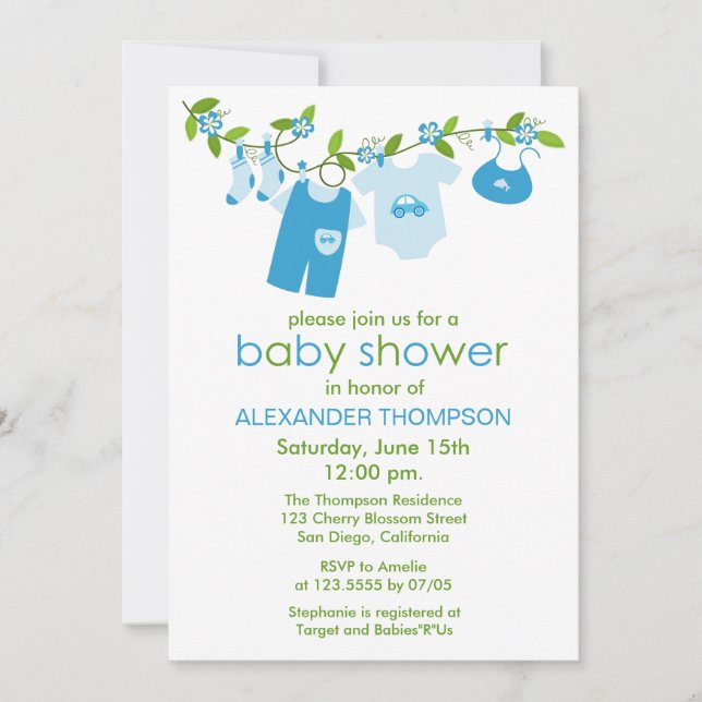 Bleu Bébé Vêtements Bébé Invitations de douches po (Devant)