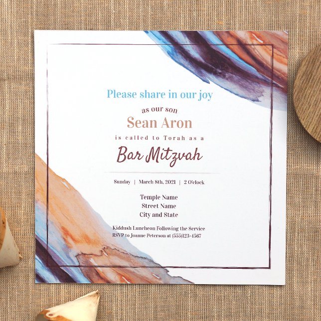 Bleu Beige Eggplant Purple Bar Mitzvah Invitation (Stylish Bar Mitzvah Invitations Caramel brown beige, light blue, eggplant purple paint swoosh stroke)