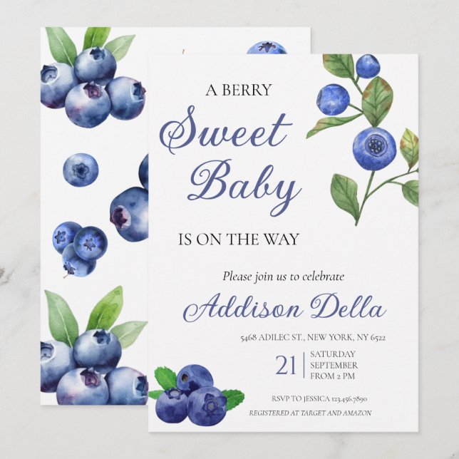 Bleu Berry Sweet Baby shower Invitation (Devant / Derrière)