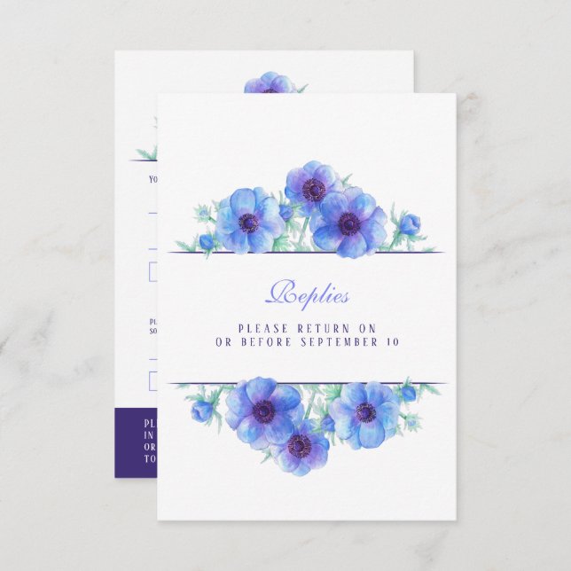 Bleu blanc anémone floral mariage QR réponse RSVP (Devant / Derrière)