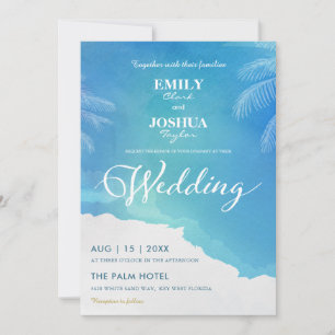 Bleu & Blanc Aquarelle Plage Mariage Invitation