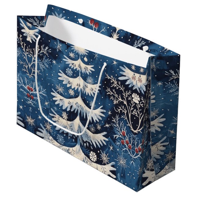 Bleu Blanc Arbre de Noël Sac cadeau de vacances (Devant Angle)