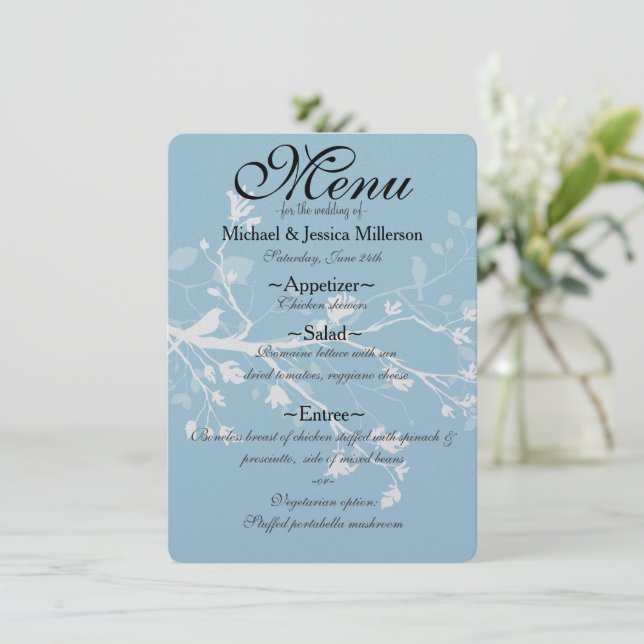 Bleu blanc Branches Mariage Menu (Debout devant)
