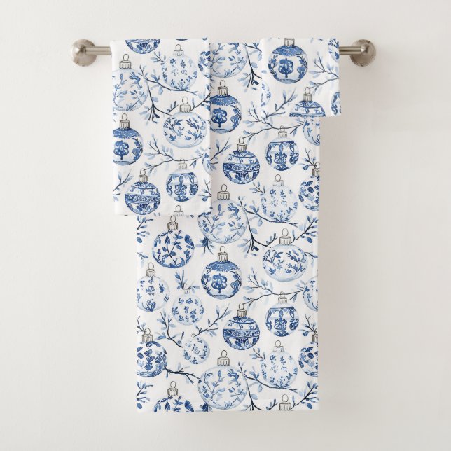Bleu Blanc Chic Floral Ornements de Noël (En situation)