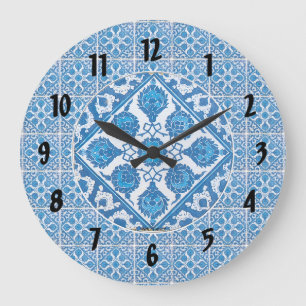Bleu Blanc Cornflower Motif noir chiffres Horloge