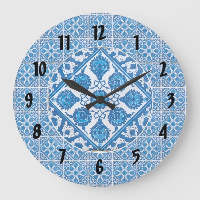 Bleu Blanc Cornflower Motif noir chiffres Horloge (Recto)