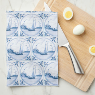 Bleu Blanc Delft Sailboat Motif Serviette de cuisi
