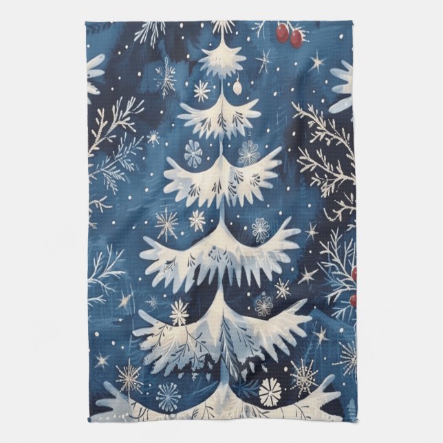 Bleu Blanc Noël Arbre de Vacances Serviette de cui (Vertical)
