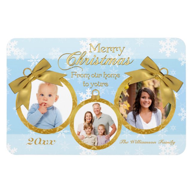 Bleu Blanc Or Ornements de Noël Magnet photo (Horizontal)