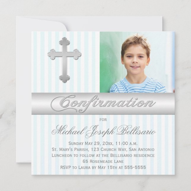 Bleu Blanc Stripes Confirmation Photo Invitation (Devant)