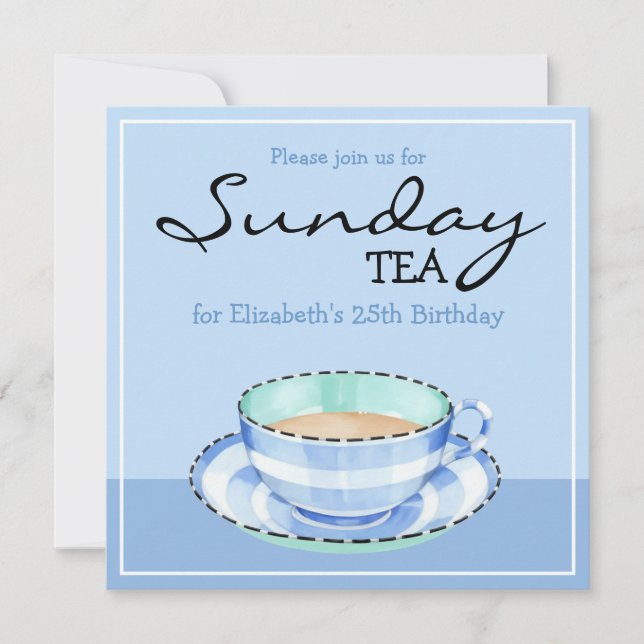 Bleu Blanc Teacup bleu Anniversaire Tea Invitation (Devant)