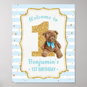 Bleu Bleu Bande Teddy Ours 1er Anniversaire Poster