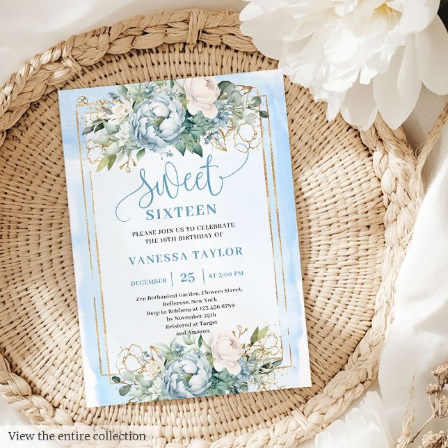 Bleu Bleu Bleu Bleu Bleu Doux 16 Invitation (Lovely Dusty Blue White Peonies Sweet 16 Invitation)