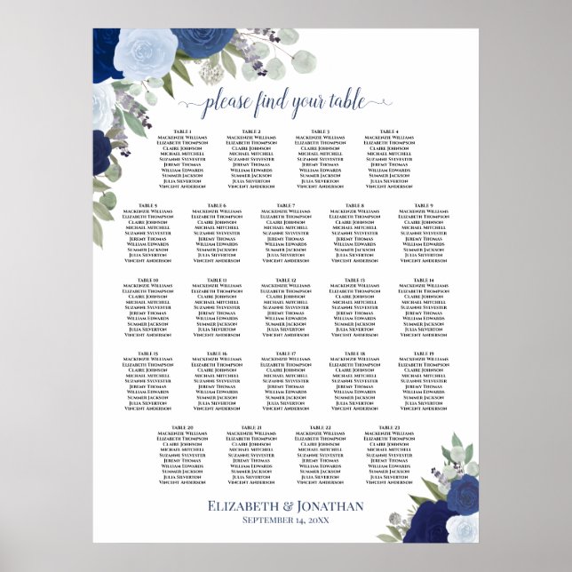 Bleu Boho Floral 23 Tableau Mariage (Devant)