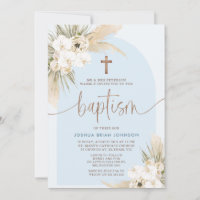 Bleu Boho Floral Arch Boys Baptême Invitation