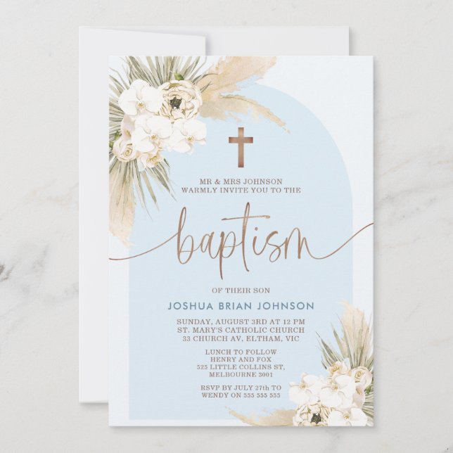Bleu Boho Floral Arch Boys Baptême Invitation (Devant)