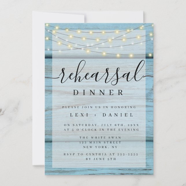 Bleu Boho Lumières Dîner de répétition Invitations (Devant)