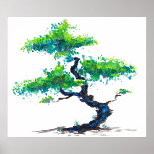 Bleu Bonsai Aquarelles Poster Imprimer