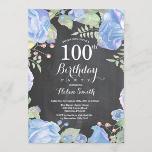 Bleu botanique Floral 100e anniversaire Invitation