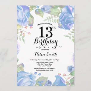 Bleu botanique Floral 13e anniversaire Invitation