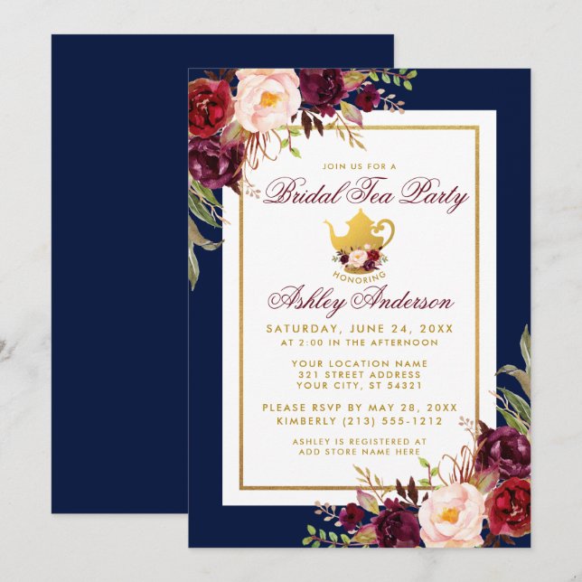 Bleu Bourgogne Floral Gold Invitation de la fête d (Devant / Derrière)