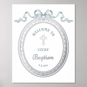 Bleu Bow Argent Cadre grec Baptême Poster d'huile