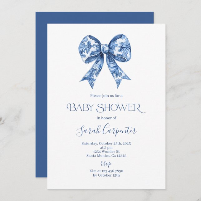 Bleu Bow Toile Baby shower garçon Invitation (Devant / Derrière)