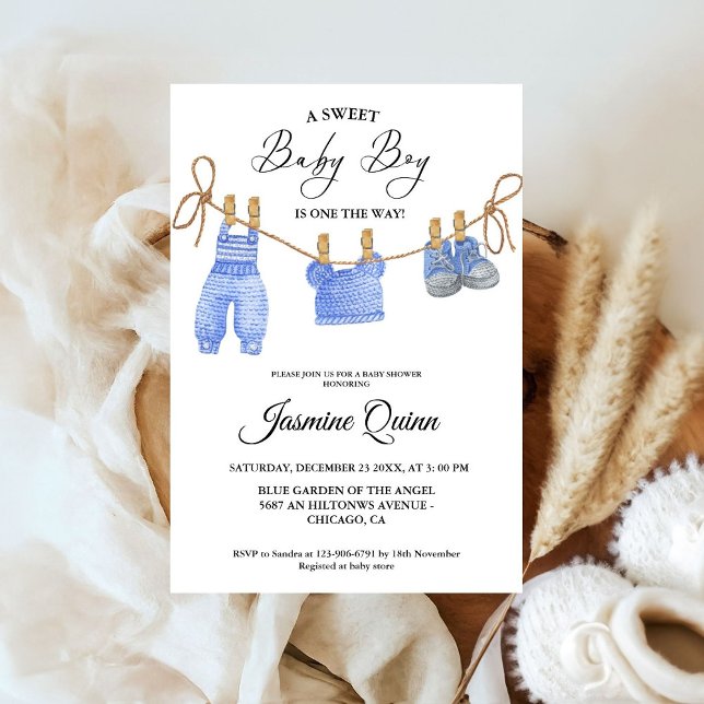 Bleu Boy Vêtements Bohème Baby shower Invitation (Créateur téléchargé)