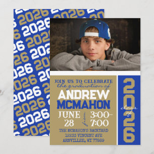 Bleu & Bronze Gold Graduation Photo Invitation