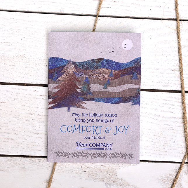 Bleu, Brown Arbres Rustiques Compagnie Cartes de f (Personalized Rustic Brown Blue Forest Blue Brown Logo Company Holiday Christmas Cards Bulk Order)