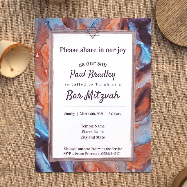 Bleu, Brown Eggplant Bar Mitzvah Invitation (unique marble pattern beige, caramel brown, light blue eggplant purple bar mitzvah invitations)
