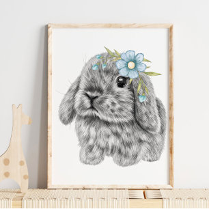 Bleu Bunny Bow Nursery Print   Impression de lapin