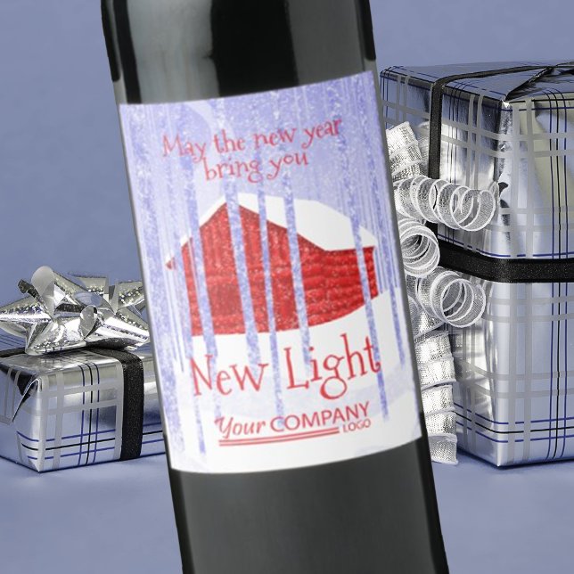 Bleu, Cabine de neige rouge Noël Vin Étiquette (company Christmas logo wine labels, corporate holiday stickers, red blue winter snow cabin scene)