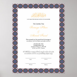 Bleu cadre musulman nikkah certificat poster