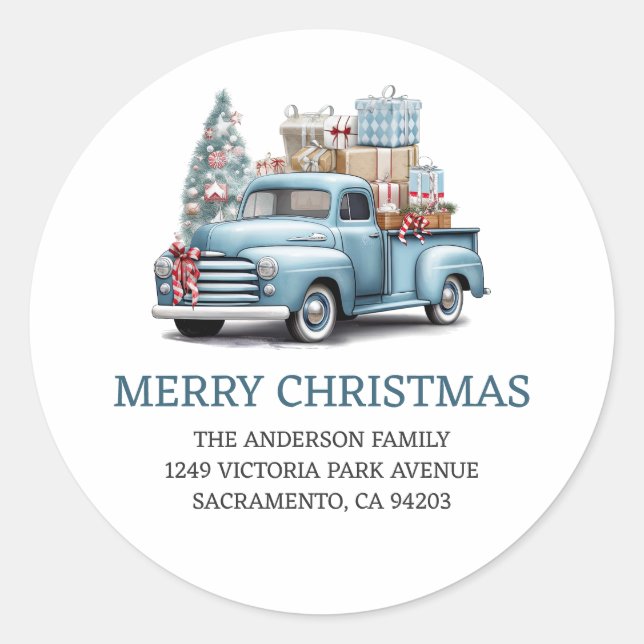 Bleu Camion Joyeux Noël Retour Adresse Étiquettes (Devant)