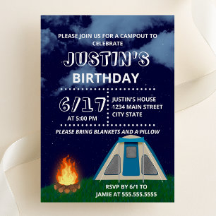 Bleu Camp out Anniversaire Fête Invitation