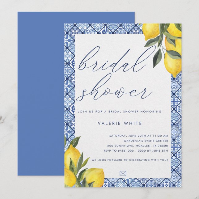 Bleu Carrelage Citron Douche nuptiale Invitation (Devant / Derrière)