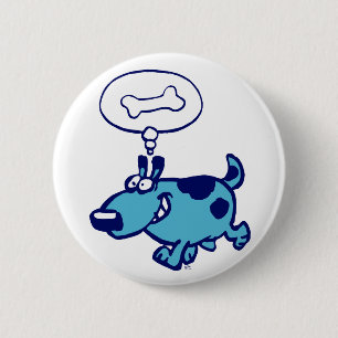 Bleu Cartoon Chien pensant à l'os Bouton Badge