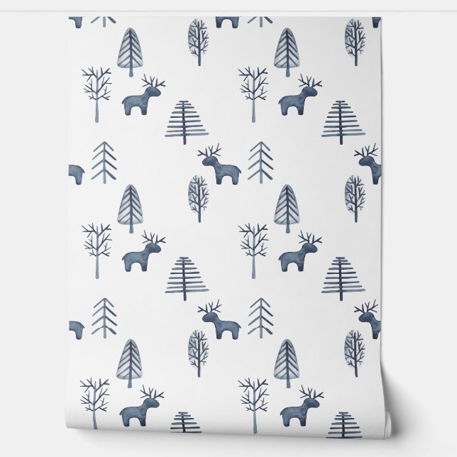 Bleu cerf & arbre de Noël Papier peint motif (Déroulement)