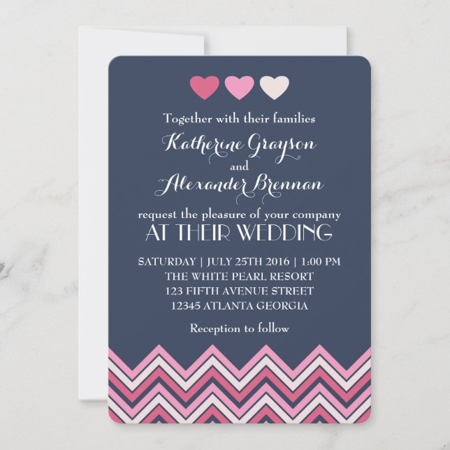 Bleu chaud rose Chevron Faire-part de mariage Amou (Devant)