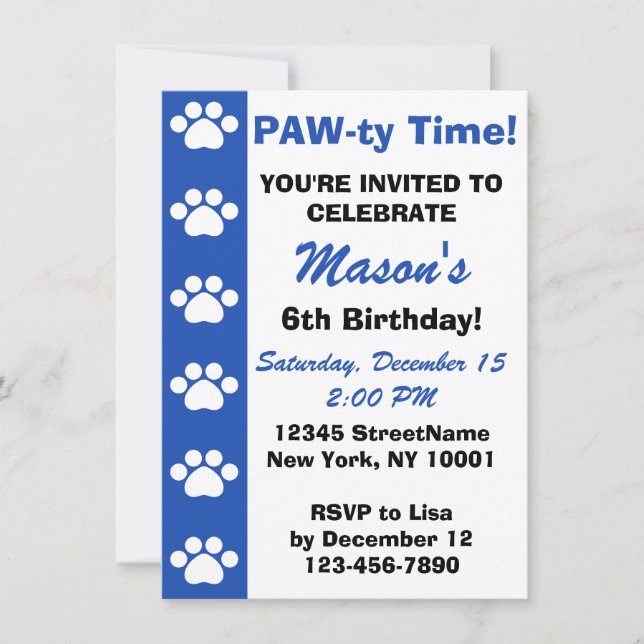 Bleu - Chien ou Chat Thème Anniversaire Invitation (Devant)