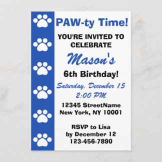 Bleu - Chien ou Chat Thème Anniversaire Invitation