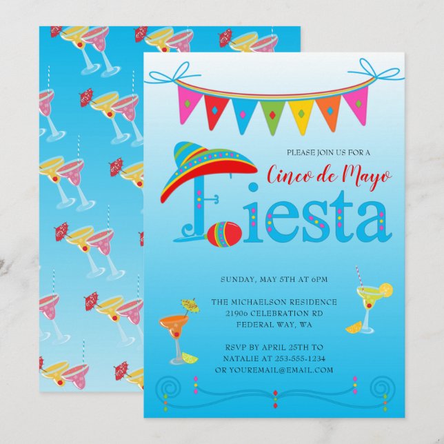 Bleu Cinco De Mayo Fête Invitation (Devant / Derrière)