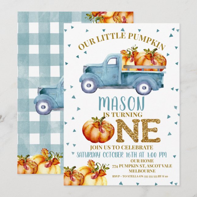 Bleu Citrouille Camion 1er anniversaire Invitation (Devant / Derrière)