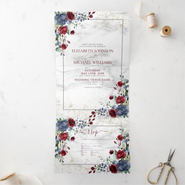 Bleu clair Bourgogne Mariage Floral Tri-Fold (Intérieur)