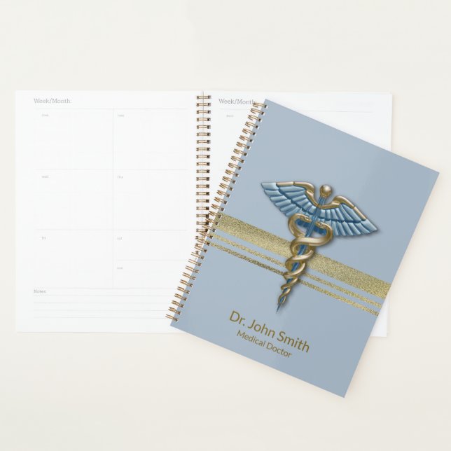 Bleu clair Caduceus Faux Gold Foil rayures Médical (Devant avec enveloppe)