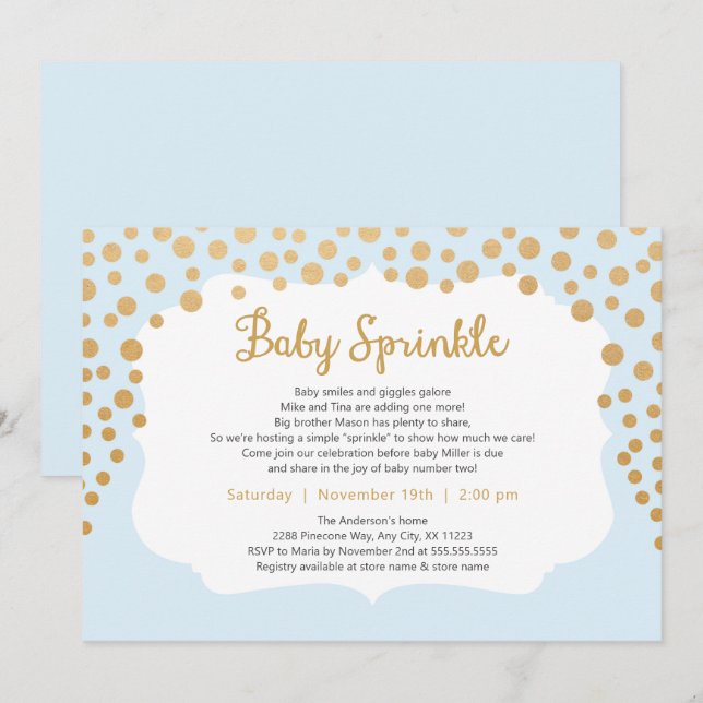 Bleu clair enfant invitation d'arrosage bébé, bébé (Devant / Derrière)