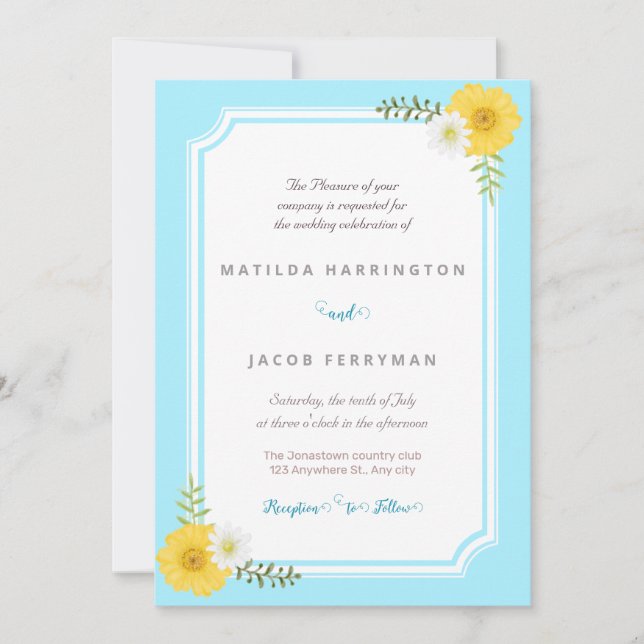 Bleu clair et jaune Pastel Floral Invitation (Devant)