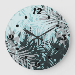 Bleu clair noir tropical motif grande horloge